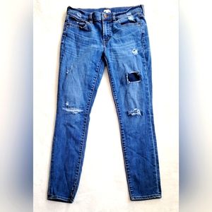J Crew Rip Distressed Stretch Women's Size 27 x 27‎ Blue Denim Slim Ankle Jeans